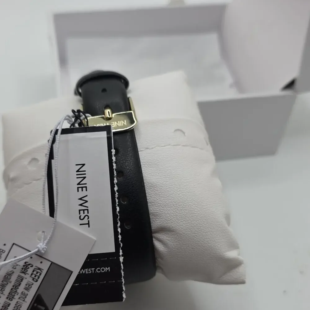 Nine West Women’s Quartz Watch Black Dial Gold-Tone Case Leather Strap Box